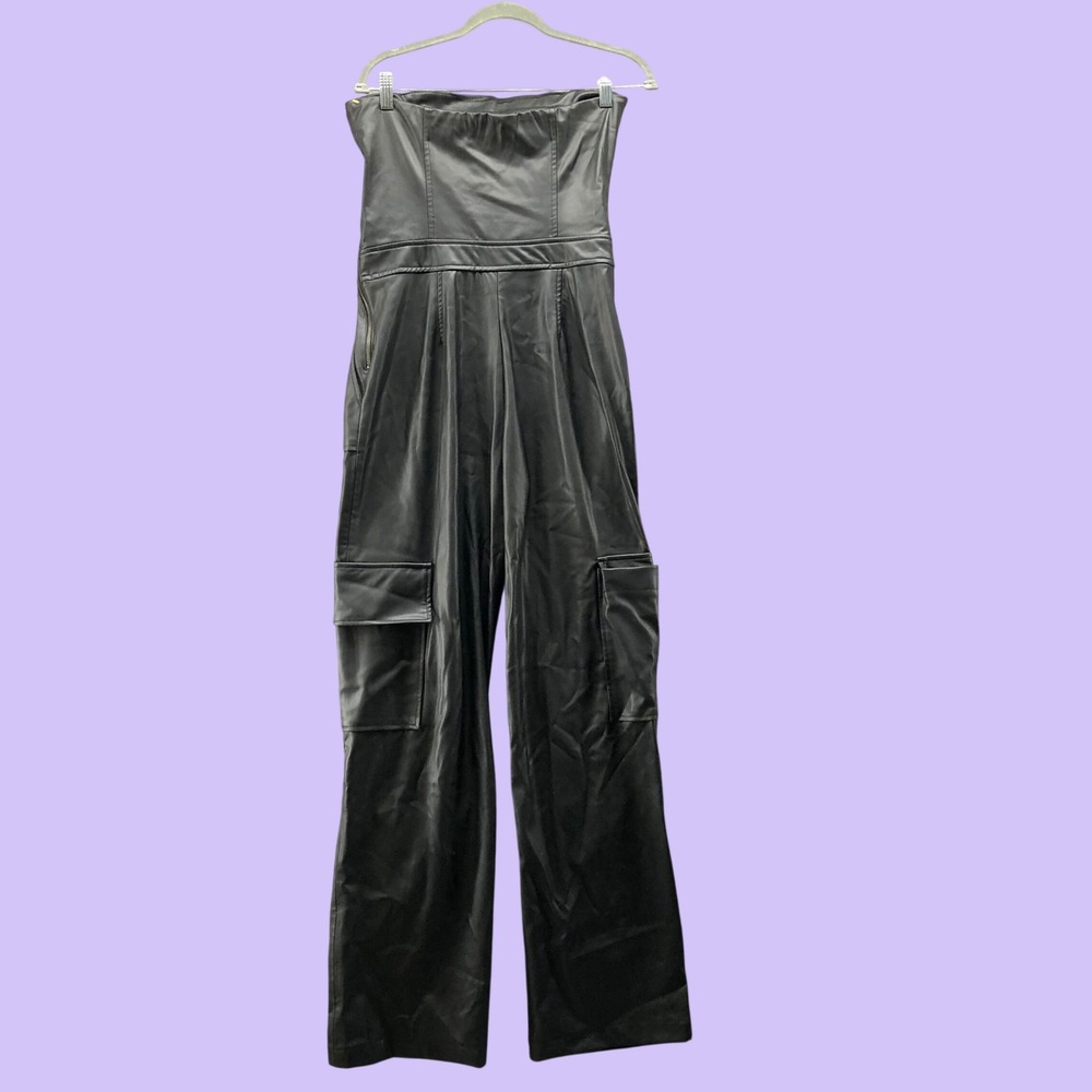 Zara Black Faux Leather Strapless Cargo Jumpsuit Size Medium Tube Top Wide Leg